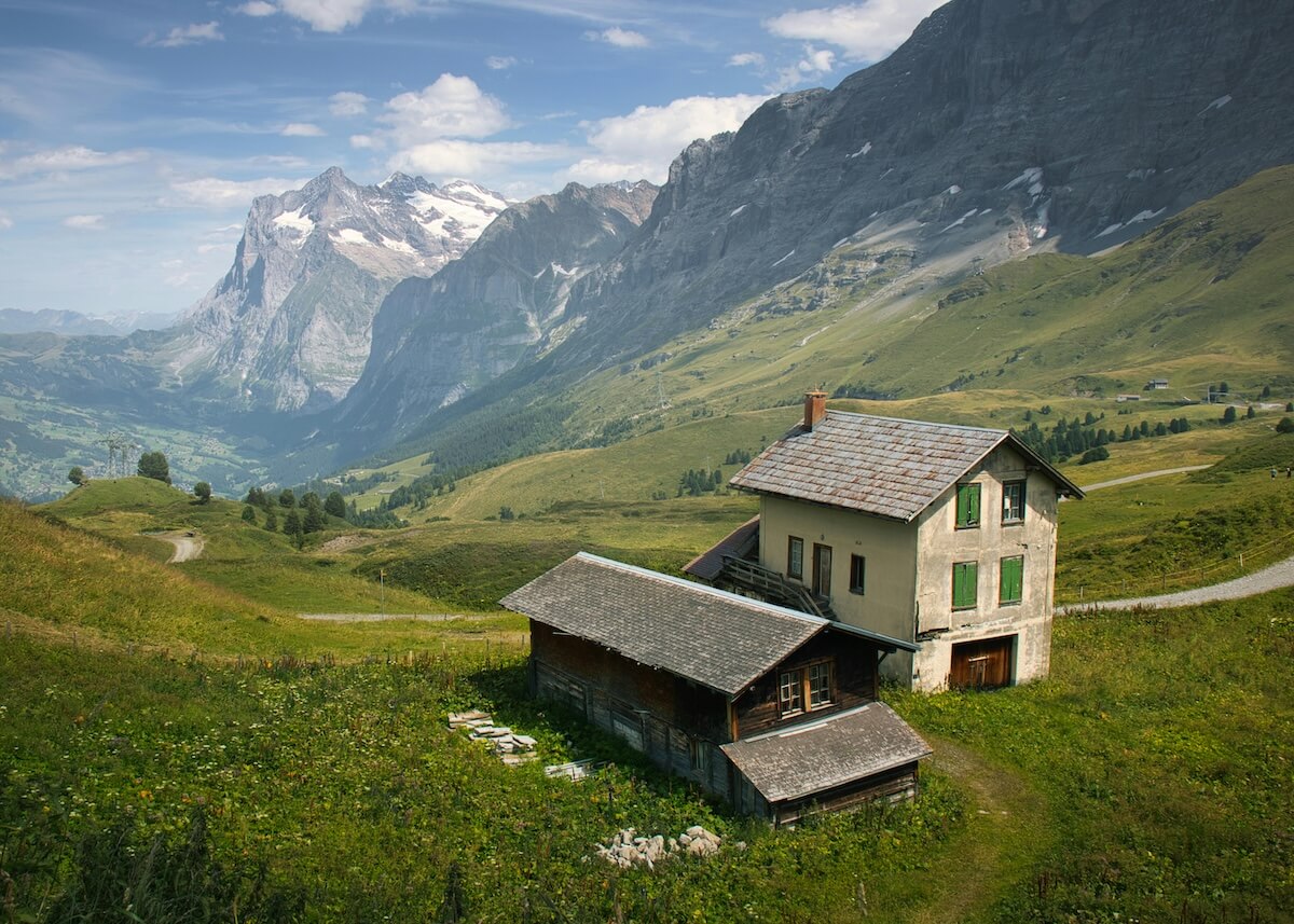 Mountain hut overlooking Swiss Alps valley