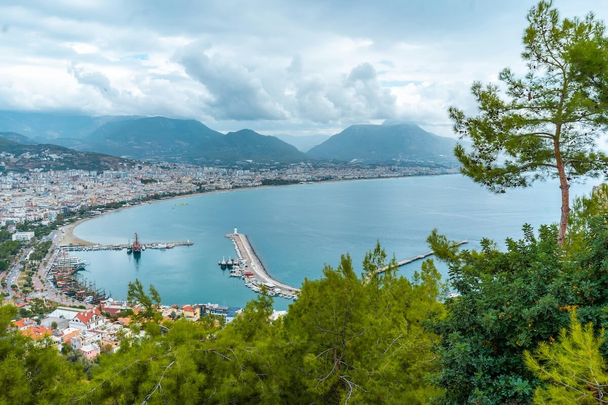 Aerial view of the turquoise Mediterranean coast of Antalya, Turkey