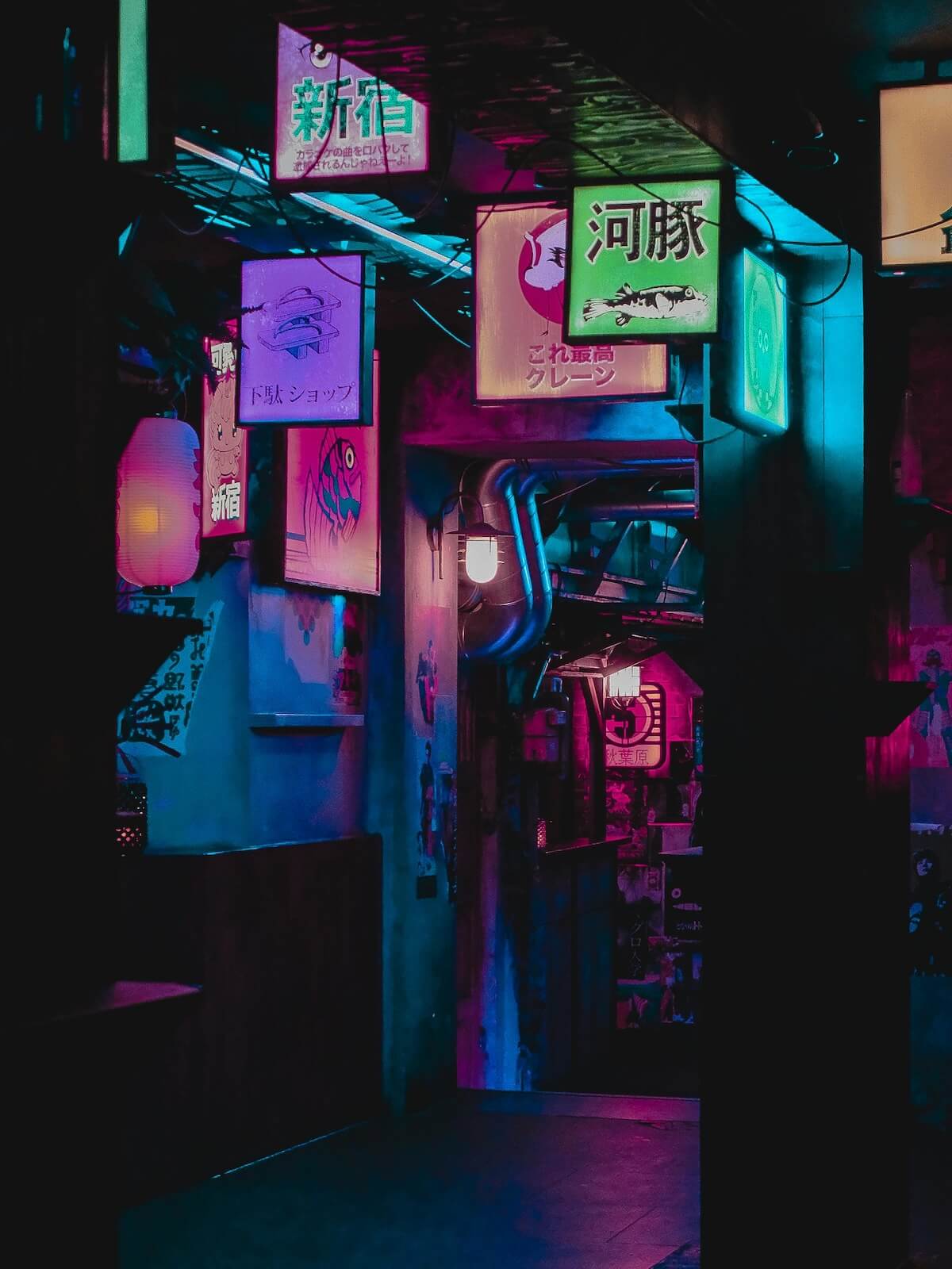 Vibrant neon signs illuminating a Tokyo alleyway at night with cyberpunk atmosphere
