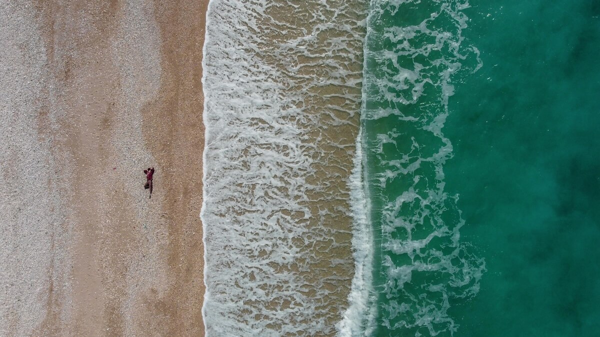 Aerial view of Borsh Beach on the Albanian Riviera with turquoise water