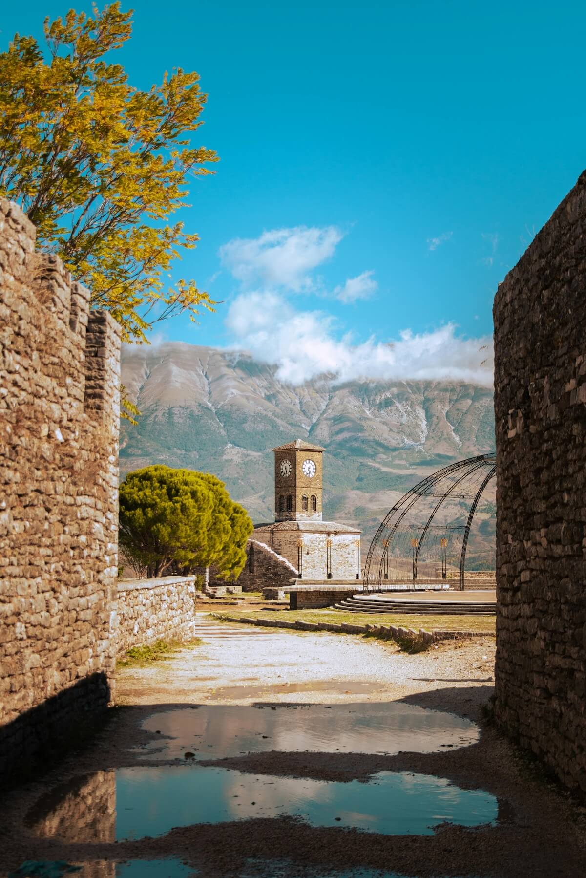 Panoramic view of Gjirokastër fortress and hillside town in Albania
