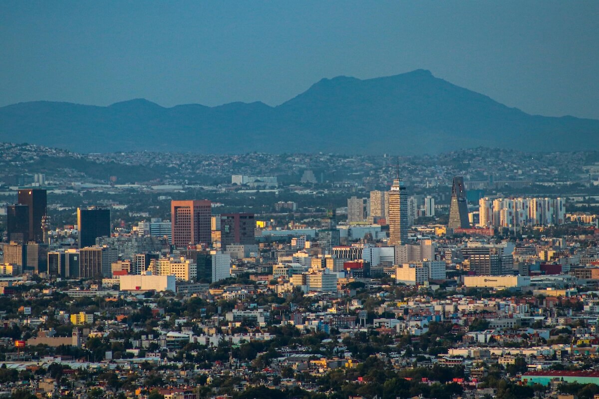 Panoramic aerial view of Mexico City's sprawling urban landscape