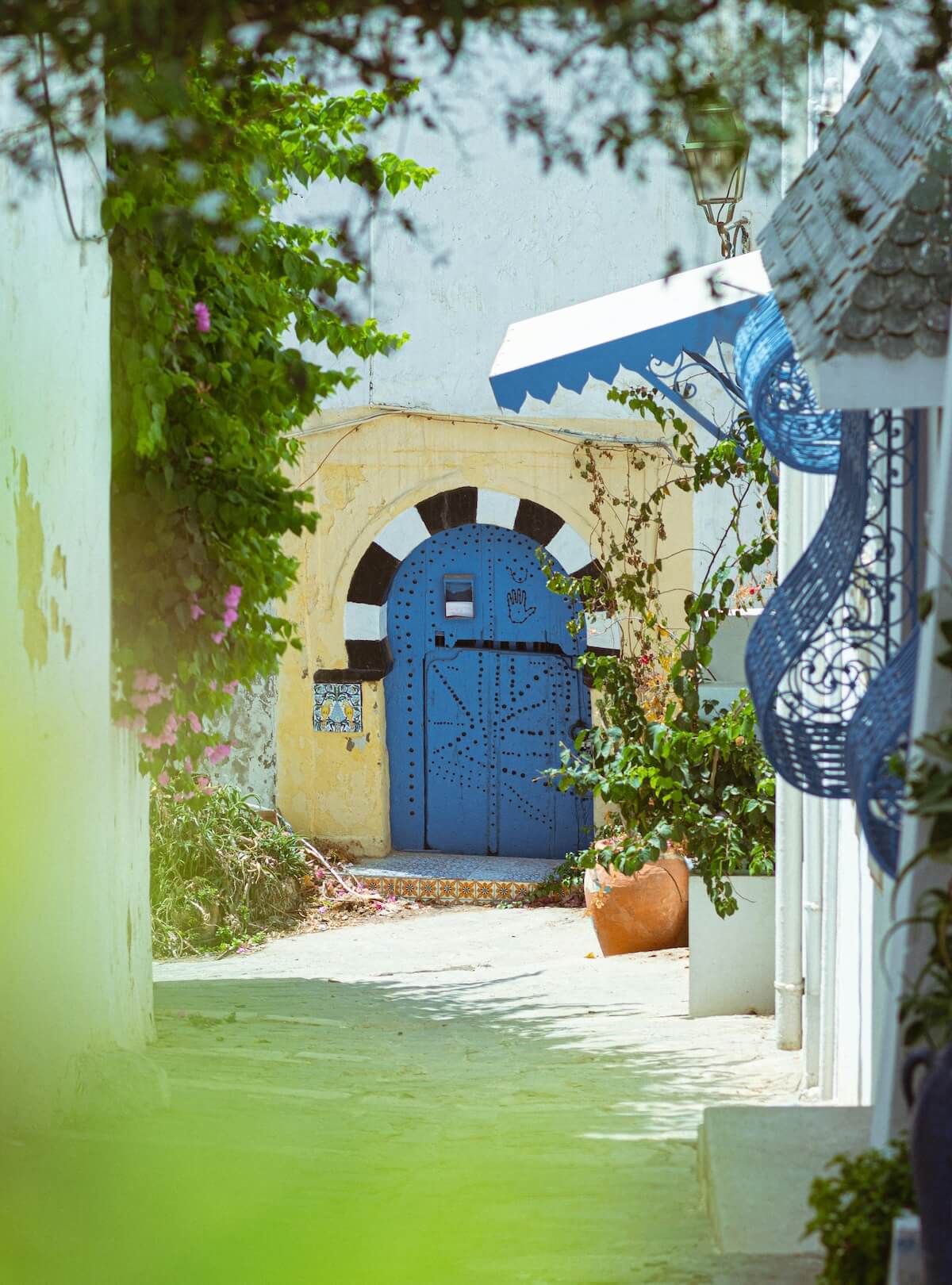 Traditional blue door with ornate decorations and potted plants in white-walled Tunisian alley