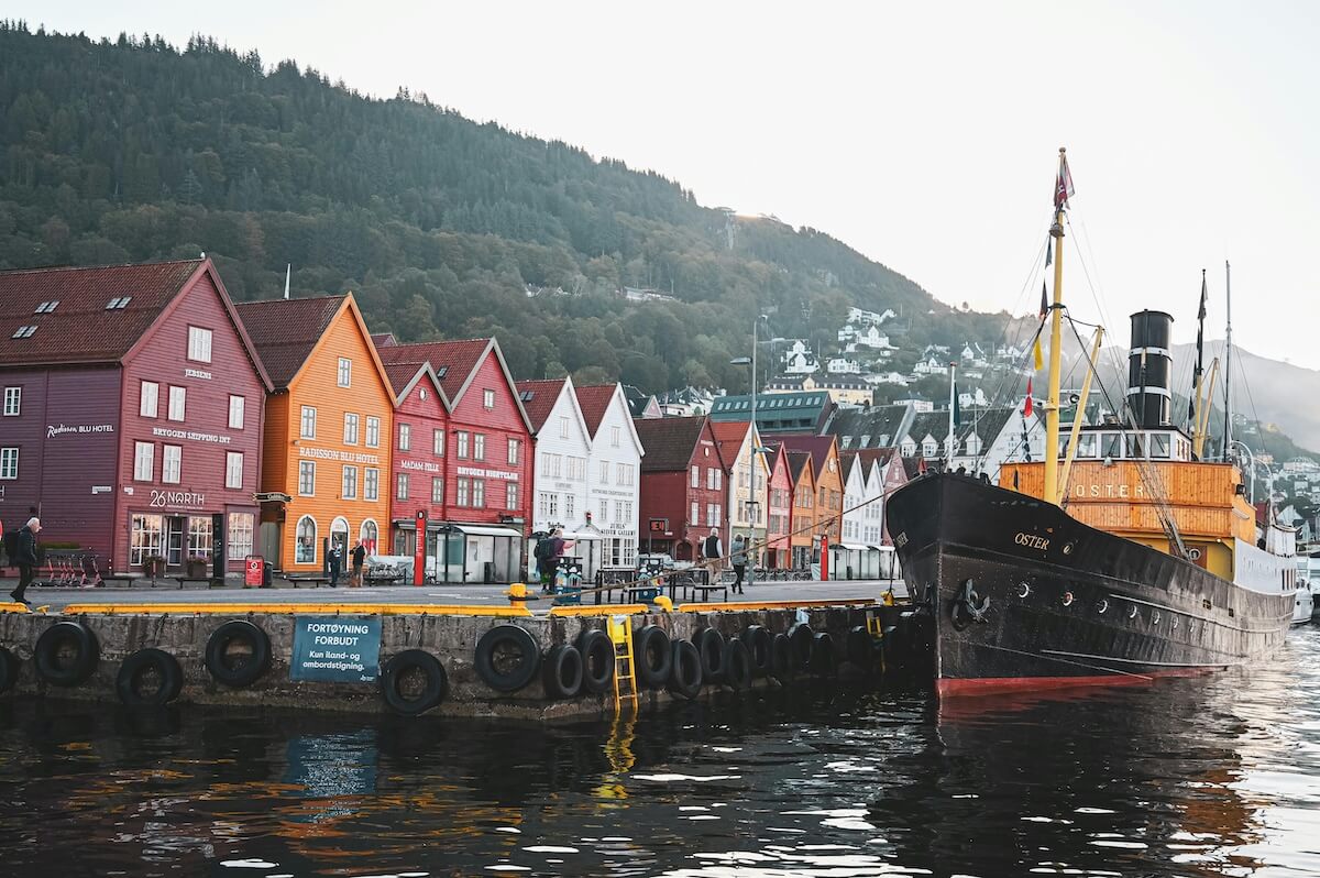 Colorful Bryggen Wharf in Bergen with historic wooden buildings and harbor