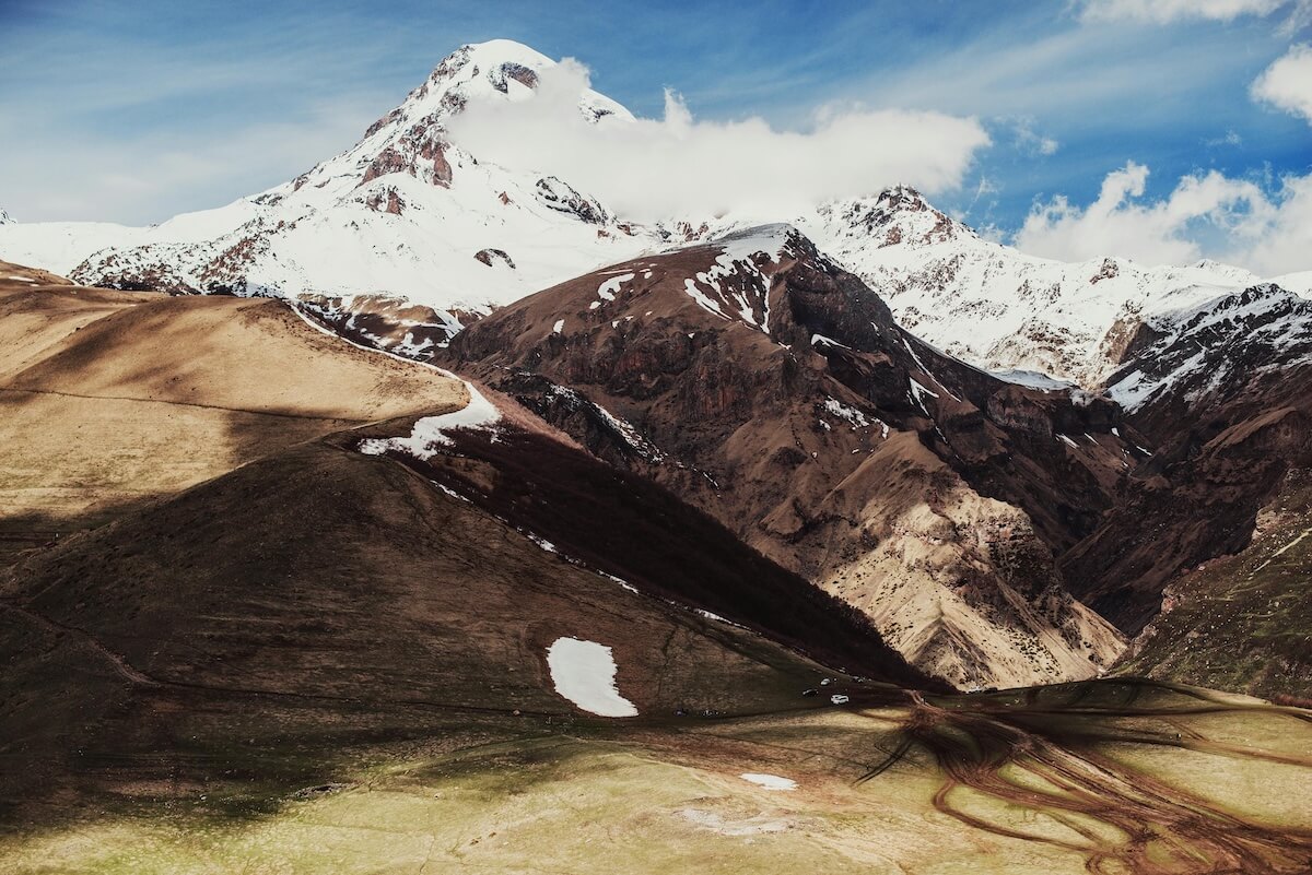 Panoramic view of Mount Kazbek in Georgia's Kazbegi region