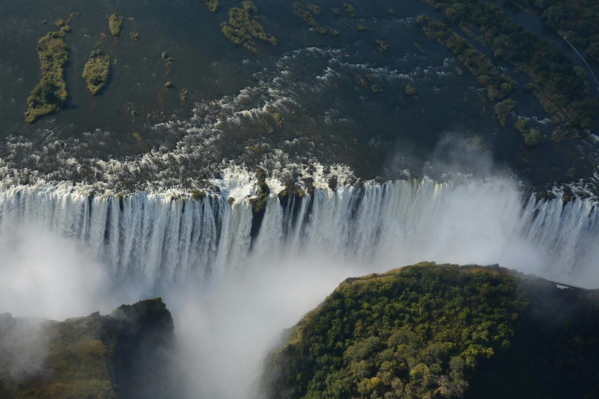 Victoria Falls waterfall with massive spray and mist