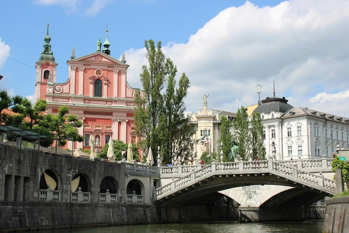 Triple Bridge spanning the Ljubljanica River in Ljubljana's old town
