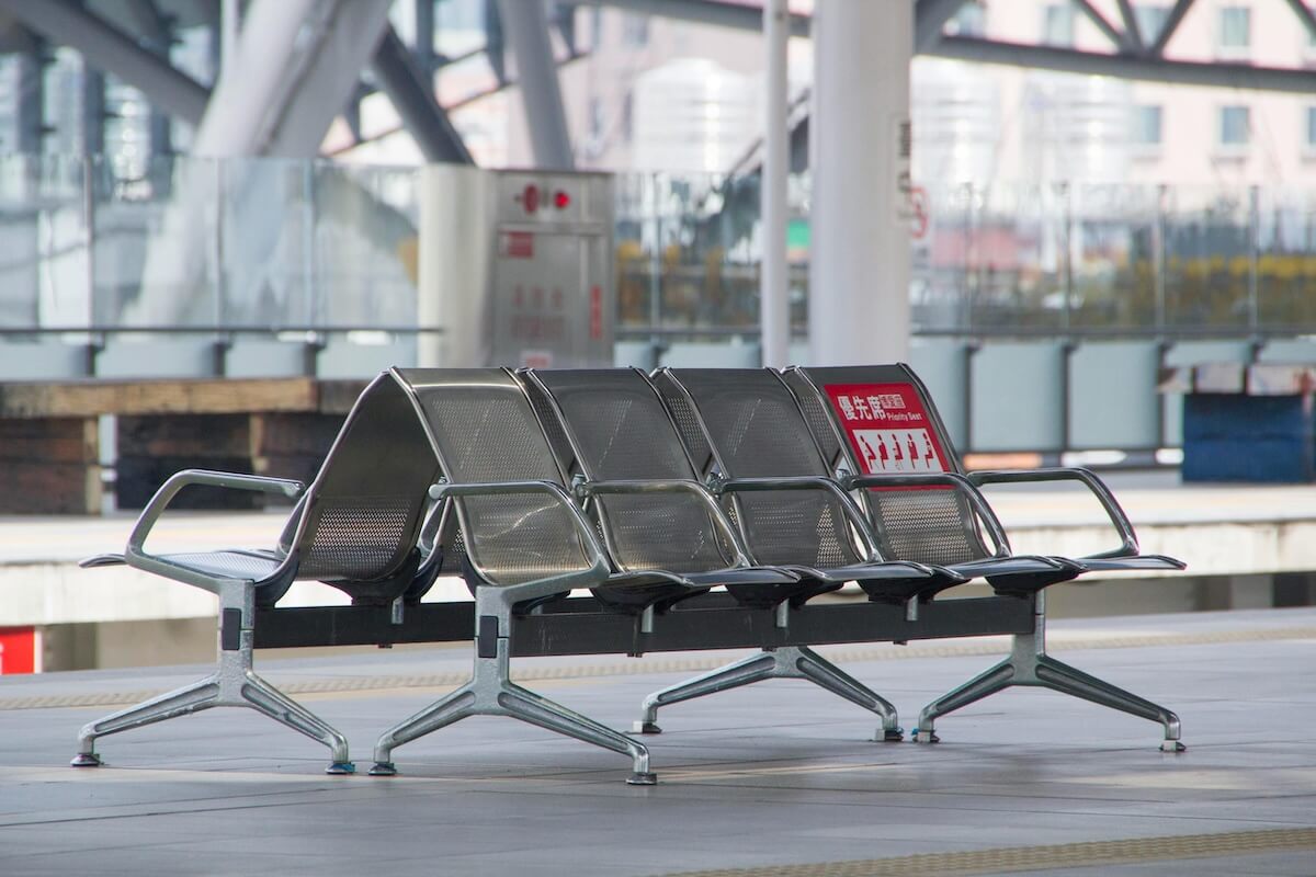 Modern train station platform in Taichung, Taiwan with clean seating area